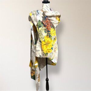 Kollie More Floral Print Long Scarf Wrap Shawl Tan Yellow Green Boho Art to Wear